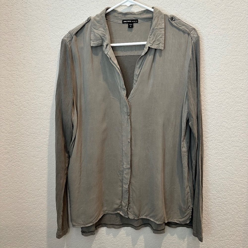 James Perse Grey Contrast Fabric Split Neck Button Front Blouse - Size L - EUC